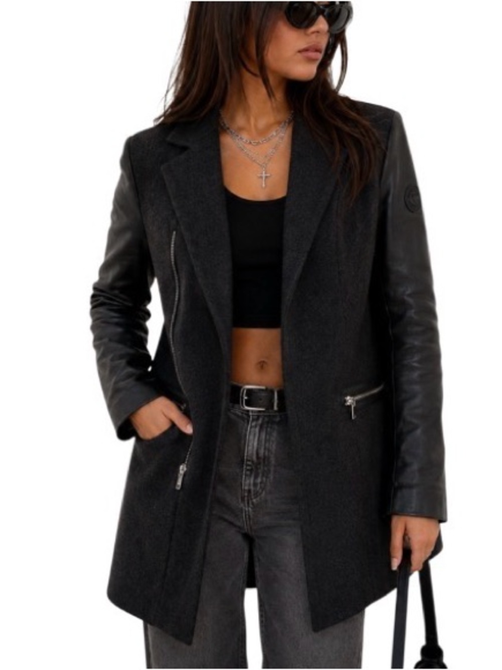 DIESEL Vintage Unisex Overcoat Blazer-Style Black Wool & Leather Coat